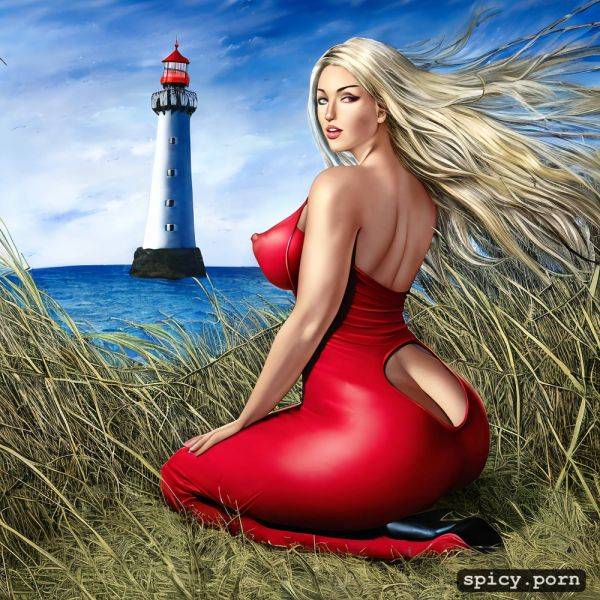 Erect nipples, side shot, posed sitting, vivid, seductive, a lighthouse hill on a beach - spicy.porn on pornintellect.com