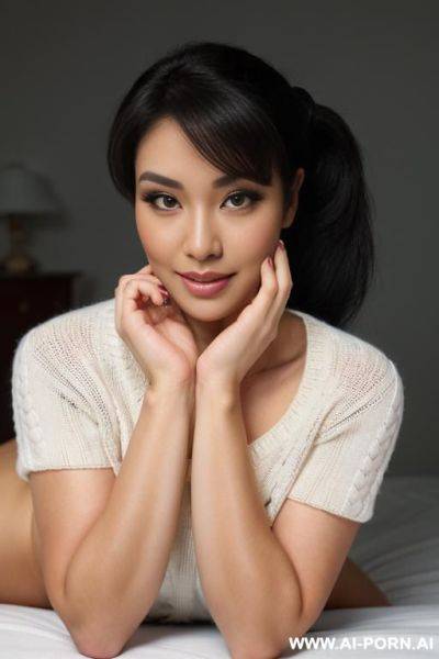 Two woman dressed in a soft white knitted turtleneck sweater sits on her knees and licks her pussy another woman dressed only with a sweater around her neck - ai-porn.ai on pornintellect.com