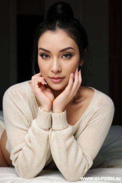 Two woman dressed in a soft knitted turtleneck sweater and cow heat and underpaints sits on her knees and touch her pussy another woman dressed only with a sweater around her neck - ai-porn.ai on pornintellect.com