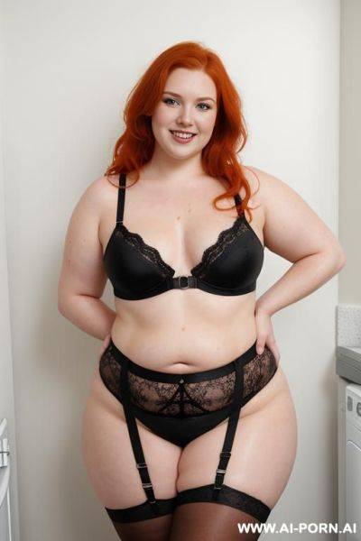 Half-length photo, as a stage in the laundry area, a fat obese chubby fat thick and bbw redhead british, she has a flower arm tattoo, she is washing clothes and is soaked in foamy water. - ai-porn.ai - Britain on pornintellect.com