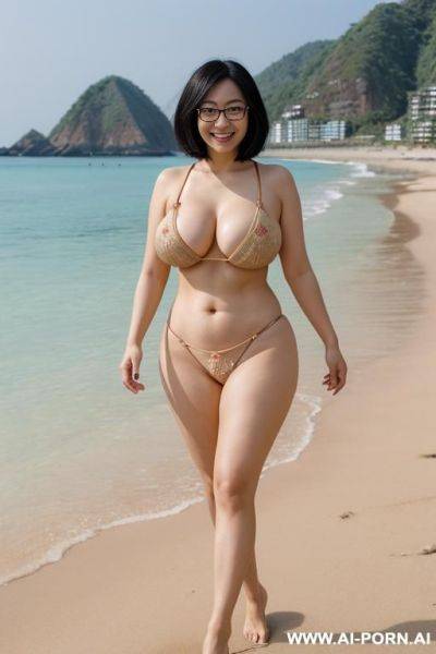 Chinese woman, bob hair, big breasts, glasses, naked, walking, smiling, rope in the slit, showing pussy, showing breasts, beach - ai-porn.ai - China on pornintellect.com
