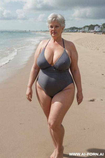 Mature chubby dutch woman, 0 years old, full body, huge saggy breasts, (breasts sagging to waist), nipples pointing down, standing. triangular hips, thick thighs, swimsuit, at beach, (no underwear), short grey hair, at beach - ai-porn.ai - Netherlands on pornintellect.com