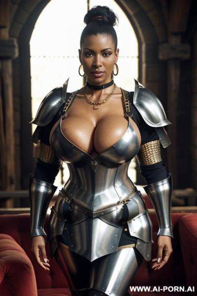 Busty muscular black woman.toned with gigantic round tits. stiletto high heels. big bell shaped boobs. necklace, earrings. wearing a golden armband. bracelet. short hairstyle with shaved sides. thick nipples. thigh bracelet. - ai-porn.ai on pornintellect.com