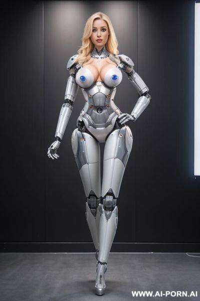 Robot, front view, full-body view, standing, hands on hips, looking at the viewer, seductive face, beautiful, straight blonde hair, (fully robotic athletic body, huge robotic tits, open chest panel - ai-porn.ai on pornintellect.com