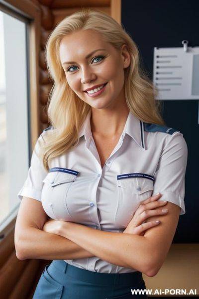 ((shirt with pockets)), ((cabin crew uniform)), ((office shirt)), pencil skirt - ai-porn.ai on pornintellect.com