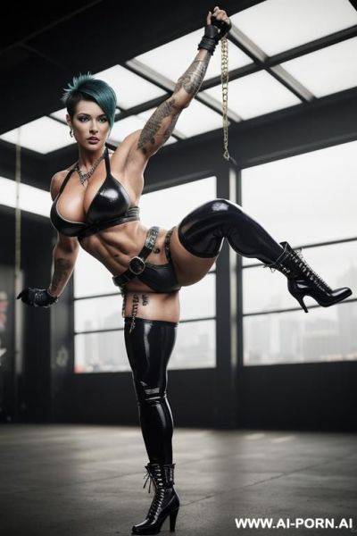 Two tall nacked muscular suberb women in indigo tigh high latex boots, hard tattooed with large brest, huge boobs, large round butt, short curly blue-black hair, wearing short latex gloves, - ai-porn.ai on pornintellect.com