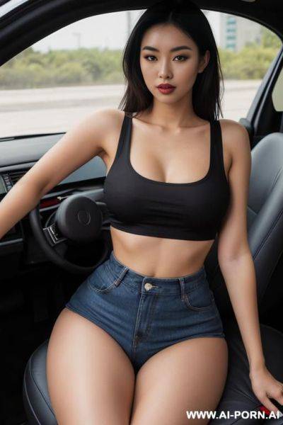 Medium full shot, alluring thighs, wide hips, crop top t-shirt, short, (((exposing legs))), car seat - ai-porn.ai on pornintellect.com