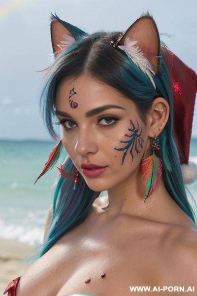 Face, sexy, beautiful, ((face painting)), ((bikini as seashell)), ((tattoo roses)), ((eyes shw)), ((angel wings)), ((rainbow hair)), ((long bu hair)), ((wind)), (( cat face)), (( cat ears)), (((feather - ai-porn.ai on pornintellect.com