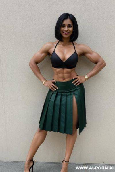 Indian, short hair, fit, abs, muscular arms, bulked up, big ass, tall, long legs, navel piercing, green bra, green pleat skirt, looking at camera, full body, stiletto, in mew - ai-porn.ai - India on pornintellect.com