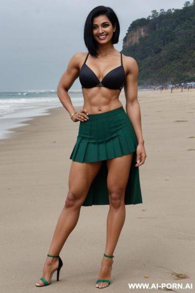 Indian, short hair, fit, abs, muscular arms, huge bulked up, big ass, tall, long legs, navel piercing, green bra, green pleat skirt, looking at camera, full body, stiletto, at beach - ai-porn.ai - India on pornintellect.com