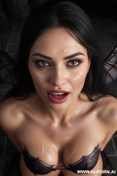 A beautiful succubus with flowing black hair and golden eyes, bat wings, her flawless figure accentuated by her red skin, playfully sticking her pointy tongue out, covered in cum, set against a - ai-porn.ai on pornintellect.com