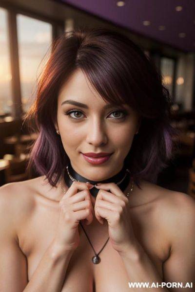 ((topless)), ((perfect breasts)), (detailed nippled), (pretty face), (wide hips), (inviting seductive smile), (light tan), (choker), (belly button ring), (hip chain) - ai-porn.ai on pornintellect.com