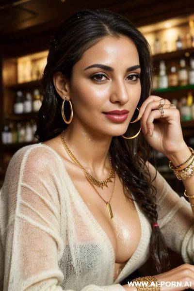 2 arabic woman, in a bar, ((drinking)), ((joyful)), (gold necklace bracelets and rings, hoop earrings), ((seductive smirk)), eyes contact, brown braided hair, green sweater, ((wet )) - ai-porn.ai on pornintellect.com