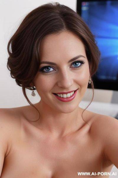 British naked woman very horny, seductive, blue eyes, very long eyelashes, smiling, watching live porn on a computer screen - ai-porn.ai - Britain on pornintellect.com