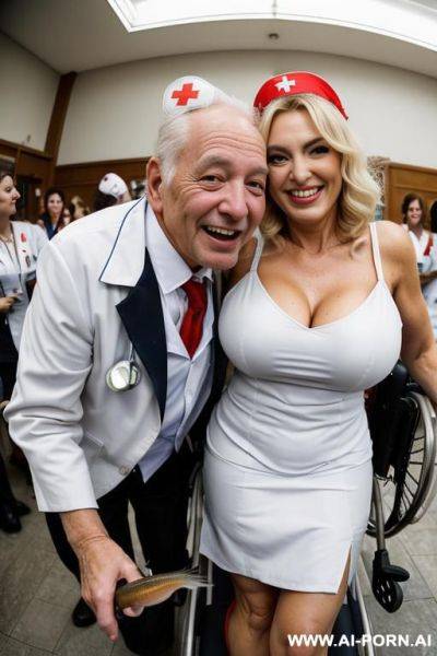 ((((view fish eye lens view)))) ((((an oldman in a wheelchair hugged by the nurse)))) at de wedding celebration voluptuosus italian nurse lot jacket men looks at her close up around spilling - ai-porn.ai - Italy on pornintellect.com