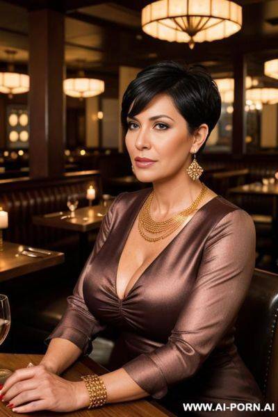 Mature woman. tanned. necklace, earrings, bracelet, ankle chain. red high heels., gold armband. (massive bulging bulbous round boobs). long thick pointed erect nipples. - ai-porn.ai on pornintellect.com