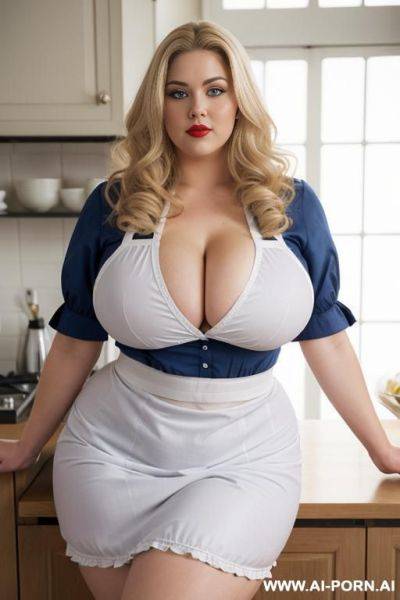 (masterpiece), bbw, super plump, wearing tight apron, best quality, expressive eyes, perfect face, stunning, (((beautiful face))), ((massive natural saggy breasts)), skin indentation, very tight apron, perfect massive hips, red lips, bbw, wide frame - ai-porn.ai on pornintellect.com