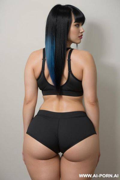 Long yoga shorts, red sports bra, black hair with blue tips - ai-porn.ai on pornintellect.com