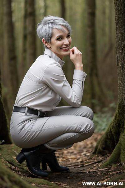 Tall. boots, collar, pants, shirt, squatting in undergrowth, side-view - ai-porn.ai on pornintellect.com