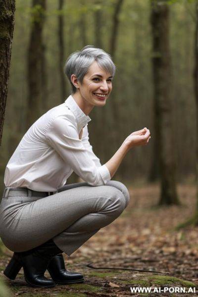 Tall. boots, collar, pants, shirt, squatting legs apart in undergrowth, side-view - ai-porn.ai on pornintellect.com