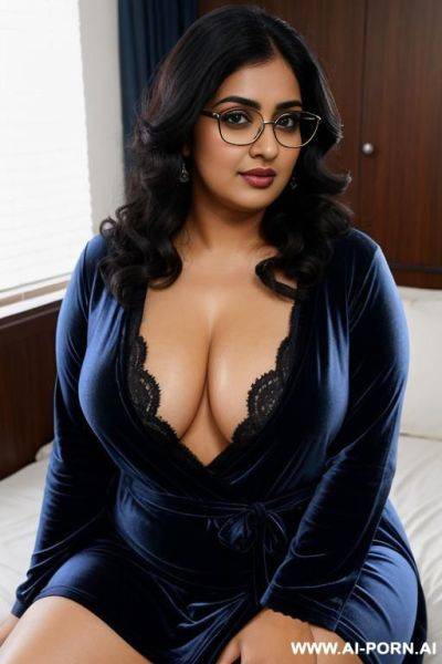 Half body photo shot, about at classroom, a obese fat chubby punjabi women, thick punjabi slut wearing bath robe, she has lovehandless and a soft medium tummy, wearing glasses - ai-porn.ai on pornintellect.com