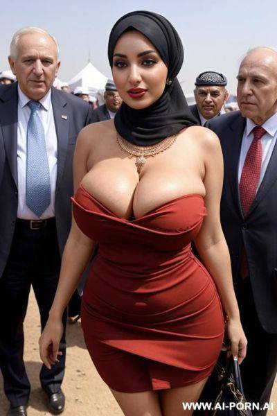 Hijab, gigantic boobs, festival surrounded by old men in suits, earings, neckless, nipslip, big boobs in tight dress, squeeze boobs, huge cleavage - ai-porn.ai on pornintellect.com