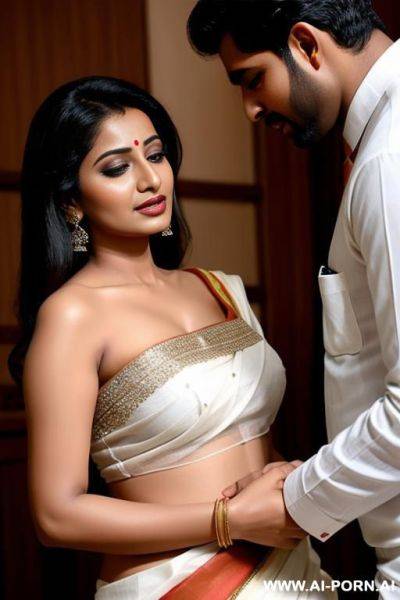 Beautiful indian 30 year old lady in white saree getting her breasts squeezed by a man - ai-porn.ai - India on pornintellect.com