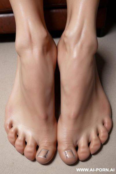 Low-angle shot where nice and fancy feet appear huge, looming tods the viewer, feet, feet, sweating, good feet quality and detailed feet, right amount of fingers - ai-porn.ai on pornintellect.com