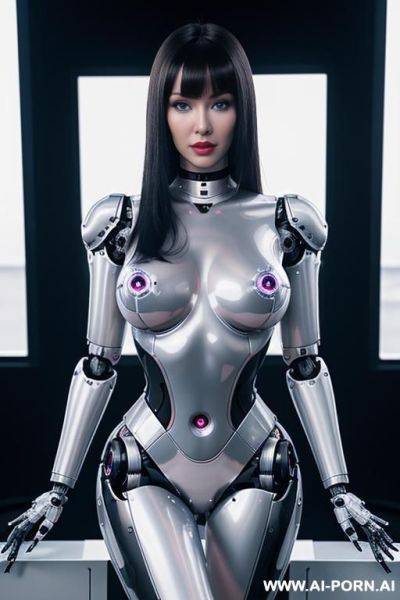 (realistic very detailed robot total meccanical artificial robot body woman) with long black hair and black-white glossy rubber latex glass transparent colored skin threads, glowing blue robotic eyes, - ai-porn.ai on pornintellect.com