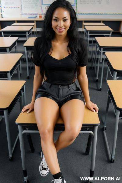 Black fabric shorts, black fishnet pantyhose, converse sneakers, sitting on a desk, one leg on the desk - ai-porn.ai on pornintellect.com