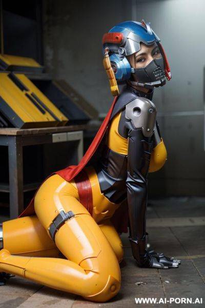 Mechanical arc reactor, mechanical arm, mechanical leg cyborg red yellow, face cover with helmet, face mask blue glue toxic - ai-porn.ai on pornintellect.com