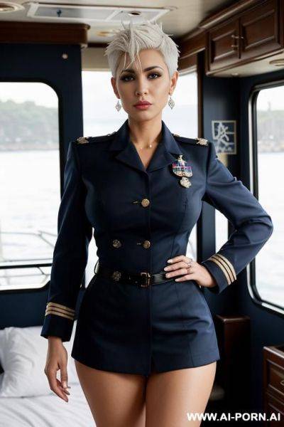 Sexy arab mature naked, large natural breasts. full body view, in motorhome on the bed, short pixie hair with shaved sides (( white hair )), hairy pussy - ai-porn.ai on pornintellect.com