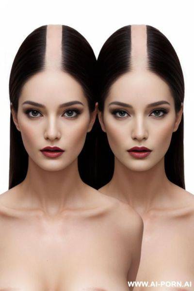 Conjoined twins, two heads one body, naked, two headed woman, two heads share one body, full body shot, two heads on single body, two heads on shoulder - ai-porn.ai on pornintellect.com