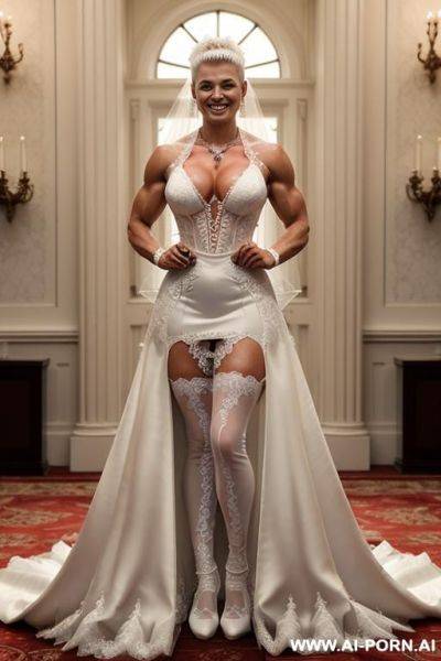 (((white bride dress))), ((((white nylon stockings)))), ((((red long mohawk)))), ((red lipstick)), (((extreme huge boobs))), (((round massive tits))), (((smiling))), (((necklace))), ((hourglass figure)), (((wasp waist))). - ai-porn.ai on pornintellect.com