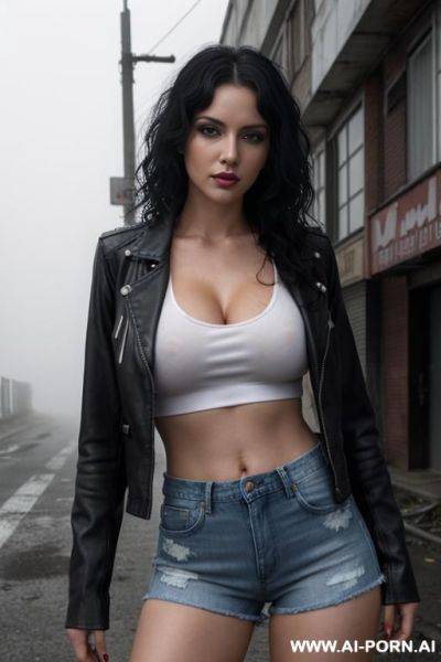 Pretty, ukrainian, milf, wavy hair, black hair, white skin, natural boobs, slight smile, makeup, eye shw, standing, spreading legs, black leather jacket, red v-neck t-shirt, denim shorts, fishnets, night, thick fog, abandoned street background. - ai-porn.ai - Ukraine on pornintellect.com
