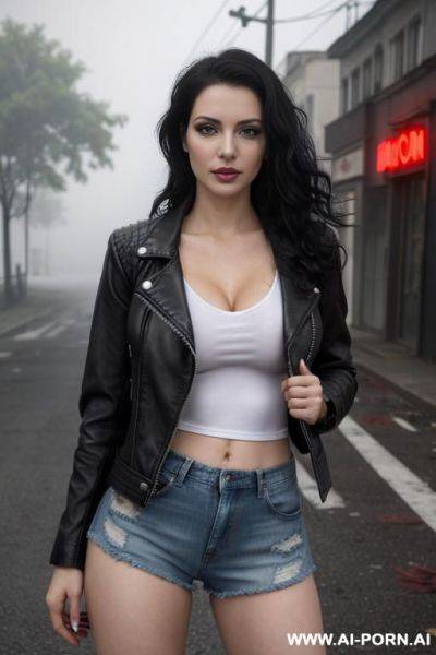Pretty, ukrainian, 30, wavy hair, black hair, white skin, natural boobs, slight smile, makeup, eye shw, standing, spreading legs, black leather jacket, red v-neck t-shirt, denim shorts, fishnets, thick fog, abandoned street background. - ai-porn.ai - Ukraine on pornintellect.com