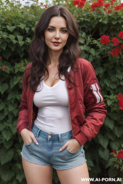 Pretty, ukrainian, 30, wavy hair, dark brown hair, white skin, natural boobs, slight smile, makeup, eye shw, standing, spreading legs, bomber jacket, red v-neck t-shirt, denim shorts, walled garden background. - ai-porn.ai - Ukraine on pornintellect.com