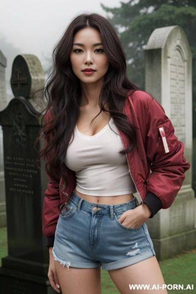 Pretty, japanese, flowing wavy hair, dark brown hair, natural boobs, slight smile, makeup, eye shw, standing, spreading legs, bomber jacket, red v-neck t-shirt, denim shorts, thick fog, church cemetery background. - ai-porn.ai - Japan on pornintellect.com