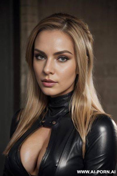 Female main character of "mad man" tv show , makeup, leather, beautiful, cleavage, realistic - ai-porn.ai on pornintellect.com