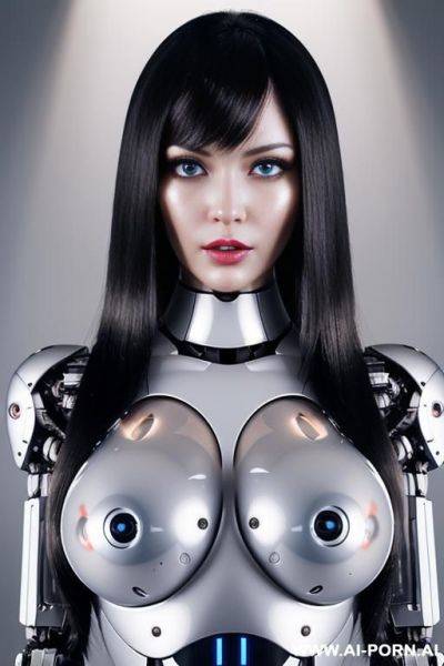 (realistic very detailed robot doll total meccanical artificial robot body woman) with long black hair and black-white glossy rubber latex glass transparent colored skin threads, glowing blue robotic - ai-porn.ai on pornintellect.com