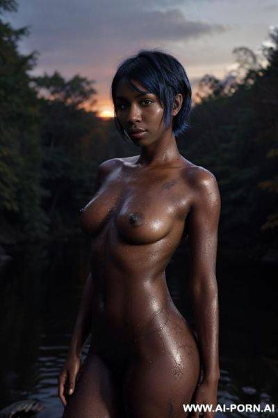 (full view body in high resolution) (totally nude) (totally naked) (curvy waist) (wet hair) (oiled dark skin) (autumn forest with sunrise sky background) - ai-porn.ai on pornintellect.com