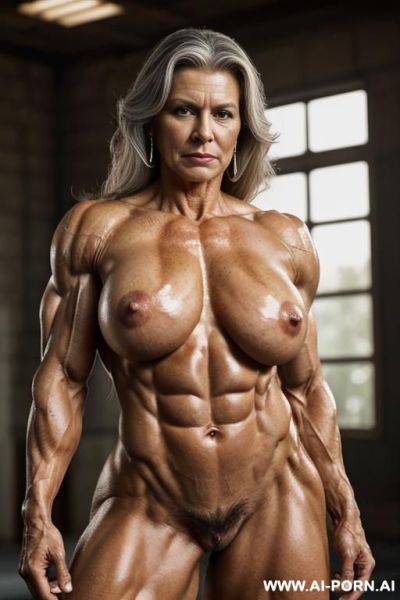 (((goddess))), ((old queen)), diamond earrings, (((looking into camera))), ((looking at viewer)), (extremely strong muscular older woman), queen standing before viewer, (bodybuilder), femdom, masculine face, - ai-porn.ai on pornintellect.com