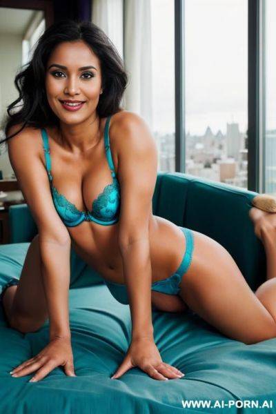 (( purple push up bra )), (pretty face), (detailed face), (soft slutty smile), (perfect), (natural lighting), ((highly detailed photo)), ((tanned indian)), dark complexion | , ((asin)), ((manhattan penthouse bedroom)) (big windows), ((busty)) - ai-porn.ai - India on pornintellect.com