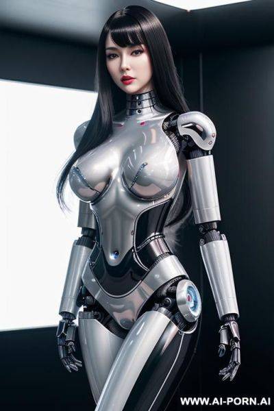 (realistic very detailed robot doll total meccanical artificial robot body woman) with long black hair and black-white glossy rubber latex glass transparent colored skin threads, glowing blue robotic - ai-porn.ai on pornintellect.com
