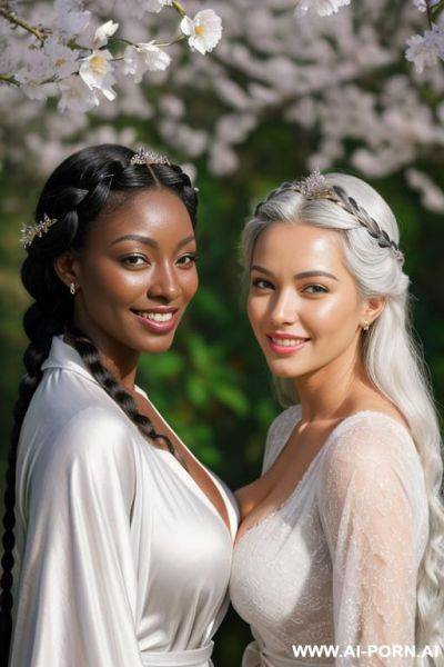 Looking at viewer, perfect smile, two women, hyperrealistic, extremely beautiful perfect body, beautiful body, dark skin - ai-porn.ai on pornintellect.com