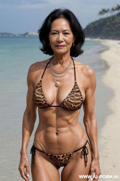 Matured old milf, wrinkles, wrinkled skin, aging marks, extremely tanned skin, animal print hooker bikini top only, naked from waist down, necklace, elries, perfect eyes, waist shot, beach - ai-porn.ai on pornintellect.com