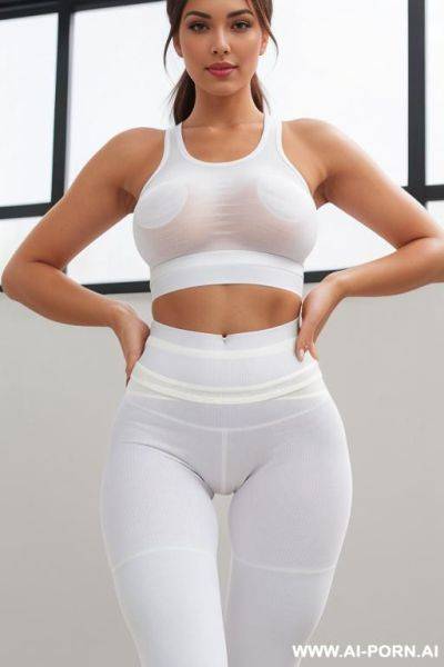Zoomed front view of cameltoe in white seamless leggings. closed thighs. - ai-porn.ai on pornintellect.com