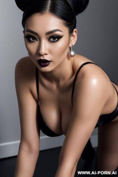 Supermodel, bun hairstyle, long eyelashes, black eyeliner, mascara, dark eyeshw, glossy black lipstick, sexy lips, sexy facial expression, earrings, naked, straight to the camera, put her chin on the - ai-porn.ai on pornintellect.com