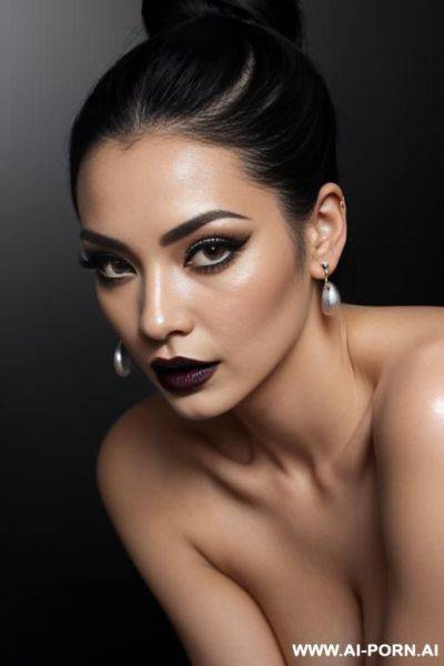 Supermodel, bun hairstyle, long eyelashes, black eyeliner, mascara, dark eyeshw, glossy black lipstick, sexy lips, sexy facial expression, earrings, naked, black nails, straight to the camera, top-down - ai-porn.ai on pornintellect.com