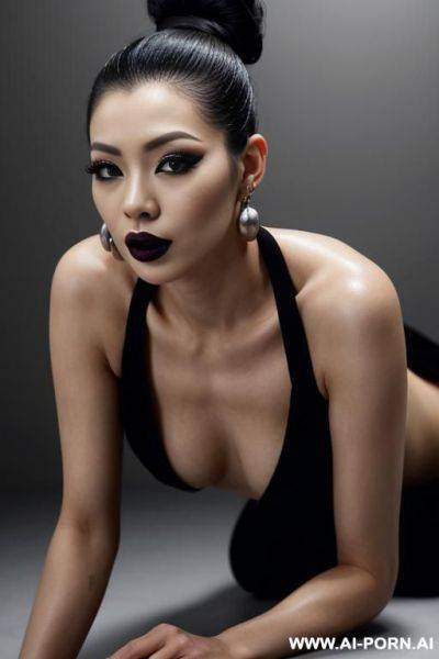 Supermodel, bun hairstyle, long eyelashes, black eyeliner, mascara, dark eyeshw, glossy black lipstick, sexy lips, sexy facial expression, earrings, naked, black nails, straight to the camera, all - ai-porn.ai on pornintellect.com